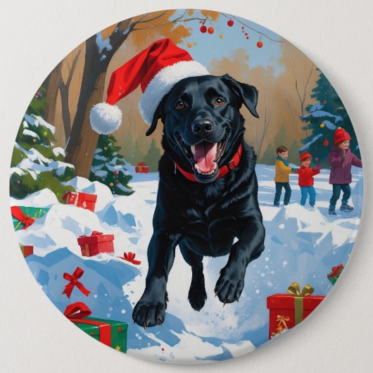 Zwarte Labrador Kerst Sfeervol Sneeuw Scene Ronde Button 6,0 Cm (Voorkant)
