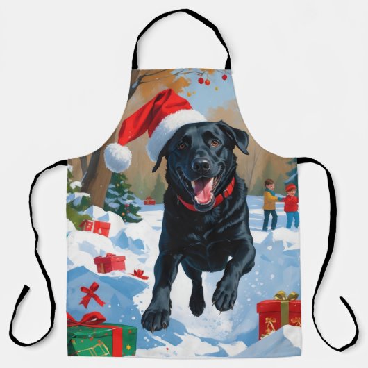 Zwarte Labrador Kerst Sfeervol Sneeuwlandschap Schort (Voorkant)