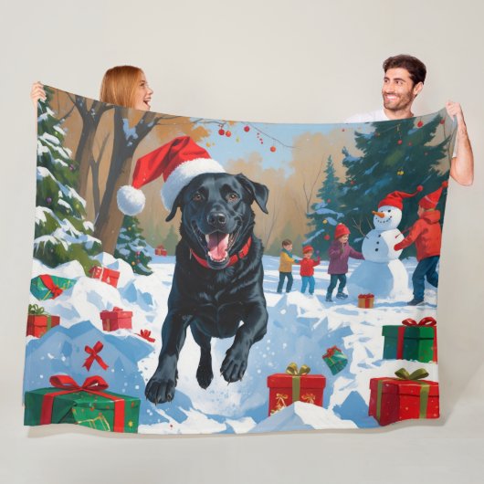 Zwarte Labrador Kerst Sneeuwlandschap Fleece Deken (In situ)