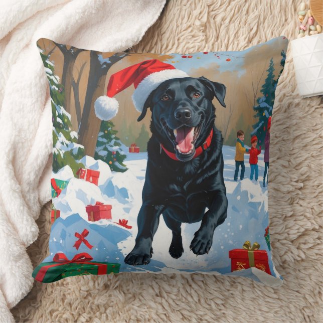 Zwarte Labrador Kerst Sneeuwlandschap Kussen (Deken)