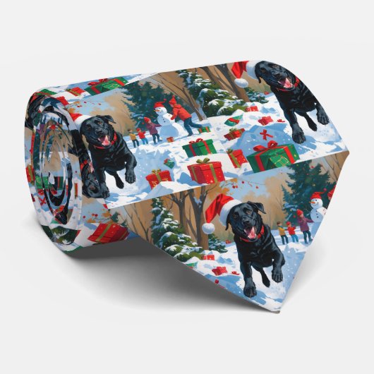 Zwarte Labrador Kerst Sneeuwlandschap Stropdas (Opgerold)