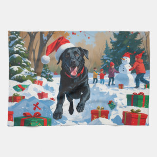 Zwarte Labrador Kerst Sneeuwlandschap Theedoek