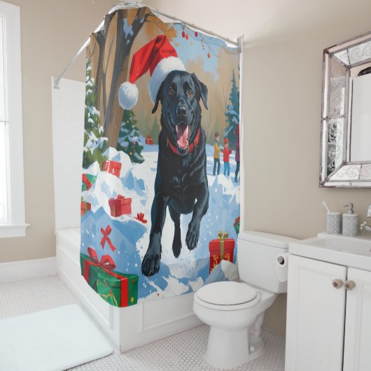 Zwarte Labrador Kerst Sneeuwscène  Douchegordijn (In situ)