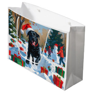 Zwarte Labrador Kerst Sneeuwscène  Groot Cadeauzakje