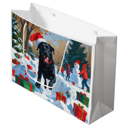 Zwarte Labrador Kerst Sneeuwscène Groot Cadeauzakje (Voorkant Gekanteld)