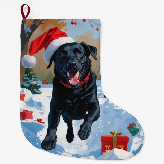 Zwarte Labrador Kerst Sneeuwscène  Grote Kerstsok (Voorkant)