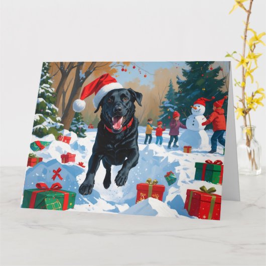 Zwarte Labrador Kerst Sneeuwscène  Kaart (Gele Bloem)