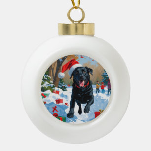 Zwarte Labrador Kerst Sneeuwscène  Keramische Bal Ornament