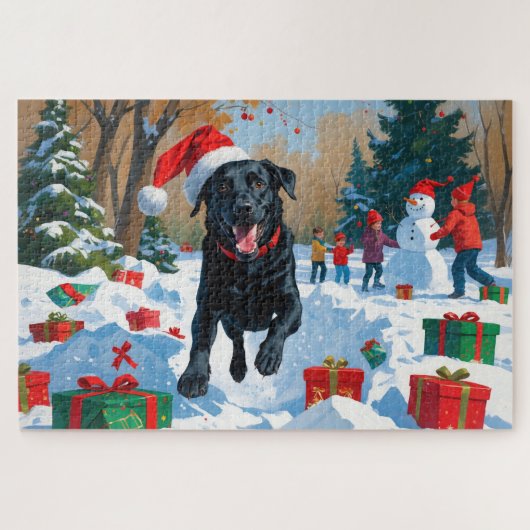 Zwarte Labrador Kerst Sneeuwscène  Legpuzzel (Horizontaal)
