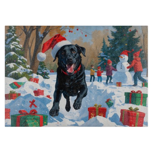 Zwarte Labrador Kerst Sneeuwscène Snijplank (Voorkant)