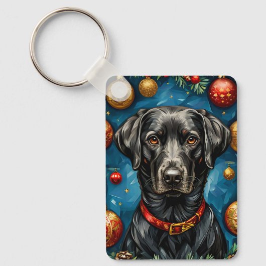 Zwarte Labrador Kersthond Kerstcadeau Sleutelhanger (Voorkant)