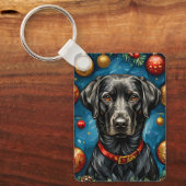 Zwarte Labrador Kersthond Kerstcadeau Sleutelhanger (Voorkant)