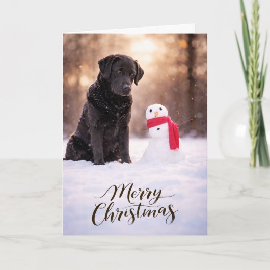 Zwarte Labrador Kerstmis Sneeuwman Kaart (Voorkant)
