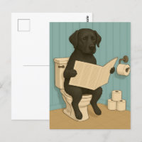 Zwarte labrador lezen krant op het toilet
