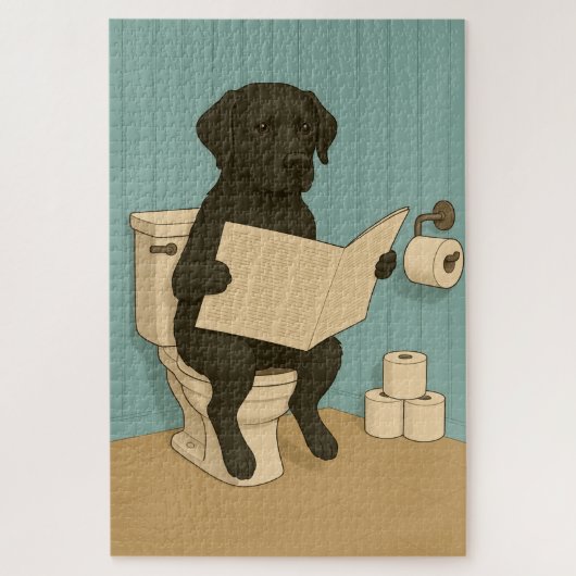 Zwarte labrador lezen krant op het toilet legpuzzel (Verticaal)