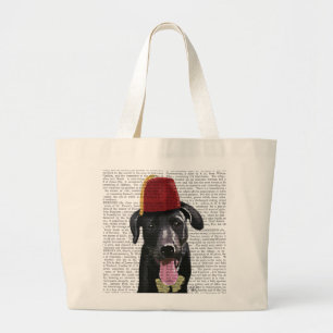 Zwarte labrador met fez grote tote bag