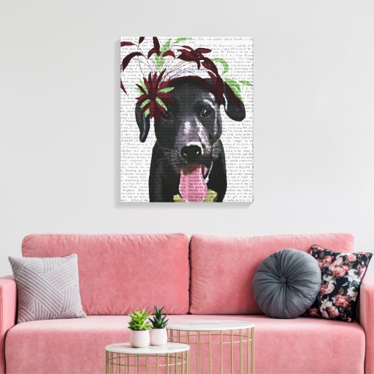 Zwarte labrador met groene fascinator canvas afdruk (Insitu (Woonkamer))