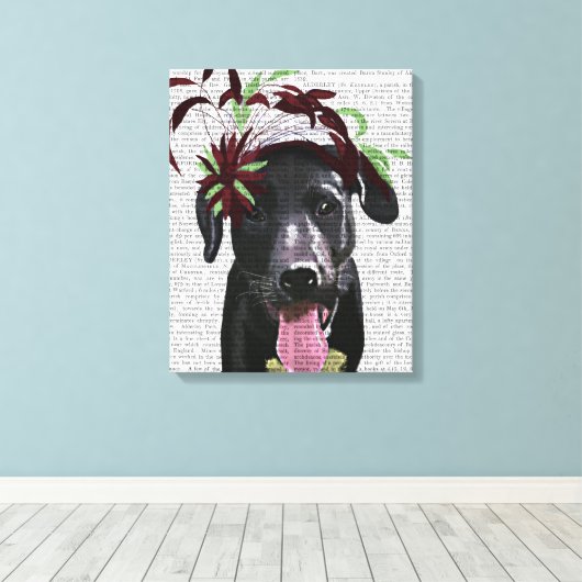 Zwarte labrador met groene fascinator canvas afdruk (Insitu (Houten vloer))