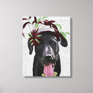 Zwarte labrador met groene fascinator canvas afdruk