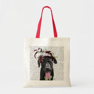 Zwarte labrador met groene fascinator tote bag