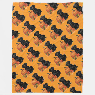 Zwarte labrador met herfstbladeren en pompoen fleece deken