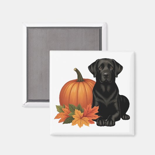 Zwarte labrador met herfstbladeren en pompoen magneet (Voorkant / Achterkant)