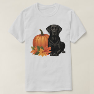 Zwarte labrador met herfstbladeren en pompoen t-shirt