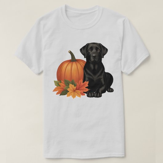 Zwarte labrador met herfstbladeren en pompoen t-shirt (Design voorkant)