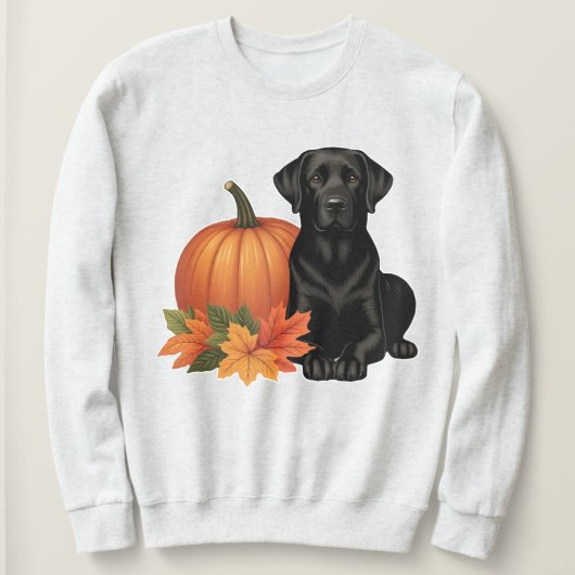 Zwarte labrador met herfstbladeren en pompoen trui (Design voorkant)