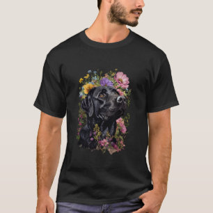 Zwarte Labrador met Kleurrijke Bloemen u2013 Voor T-shirt