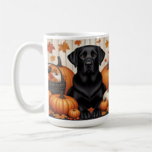 Zwarte labrador met pompoenen en herfstbladeren koffiemok