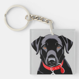 Zwarte Labrador met Rode Halsband Sleutelhanger