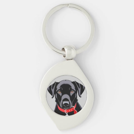 Zwarte Labrador met Rode Halsband Sleutelhanger (Voorkant)