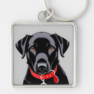 Zwarte Labrador met Rode Halsband Sleutelhanger