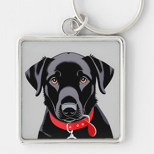Zwarte Labrador met Rode Halsband Sleutelhanger (Voorkant)