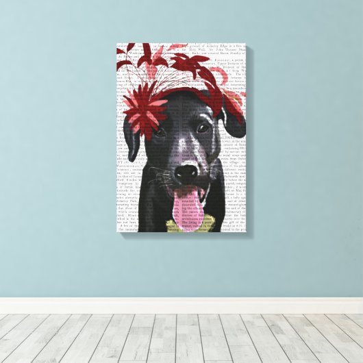 Zwarte labrador met rode smeltkroes canvas afdruk (Insitu (Houten vloer))