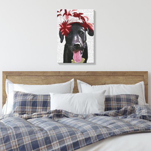 Zwarte labrador met rode smeltkroes canvas afdruk (Insitu (Slaapkamer))