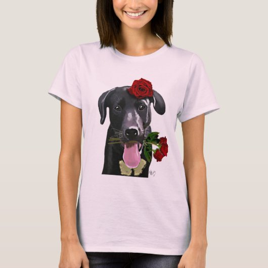 Zwarte labrador met Rozen 2 T-shirt (Voorkant)