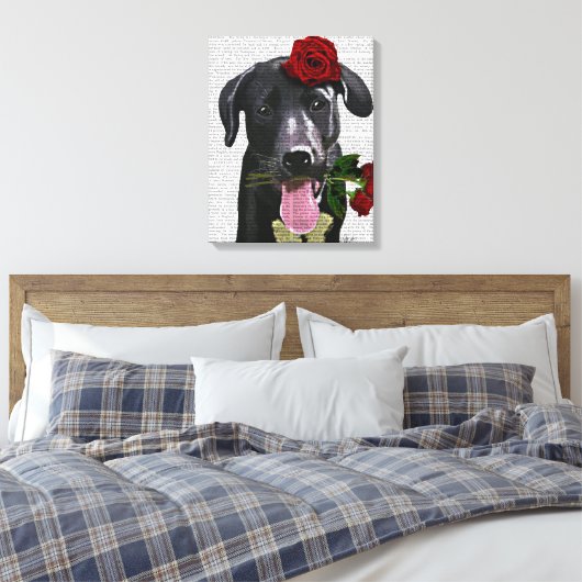Zwarte labrador met Rozen Canvas Afdruk (Insitu (Slaapkamer))