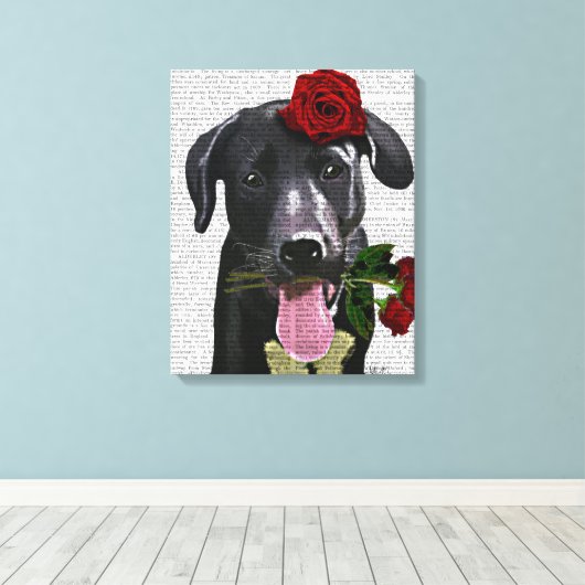 Zwarte labrador met Rozen Canvas Afdruk (Insitu (Houten vloer))
