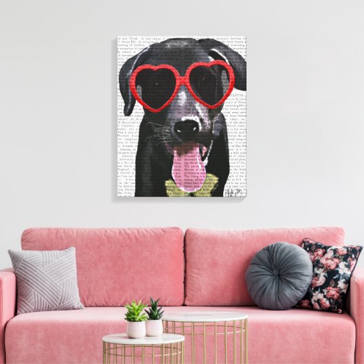 Zwarte labrador met zonnebrillen voor het hart canvas afdruk (Insitu (Woonkamer))