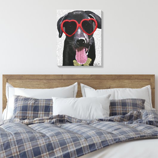 Zwarte labrador met zonnebrillen voor het hart canvas afdruk (Insitu (Slaapkamer))