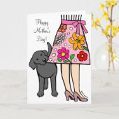 Zwarte Labrador & Mom's Rok Cartoon Kaart (Gele Bloem)