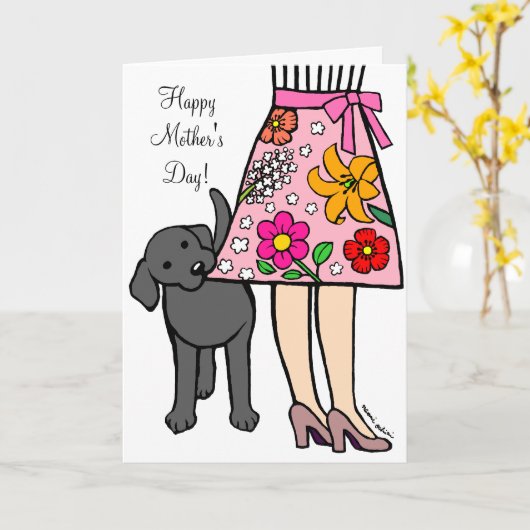Zwarte Labrador & Mom's Rok Cartoon Kaart (Gele Bloem)