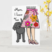 Zwarte Labrador & Mom's Rok Cartoon Kaart (Gele Bloem)