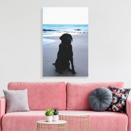 Zwarte labrador op een strand canvas afdruk (Insitu (Woonkamer))