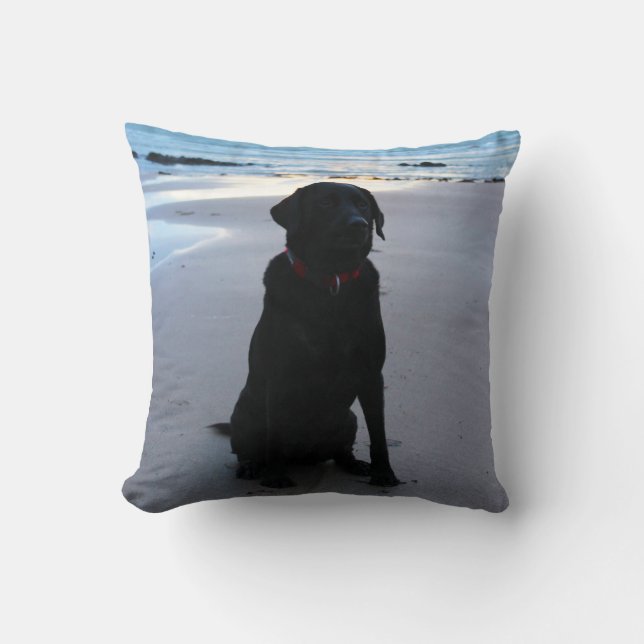 Zwarte labrador op een strand kussen (Voorkant)