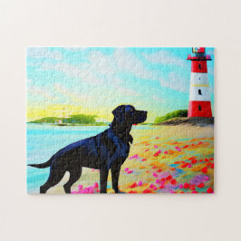 Zwarte labrador op het strand legpuzzel