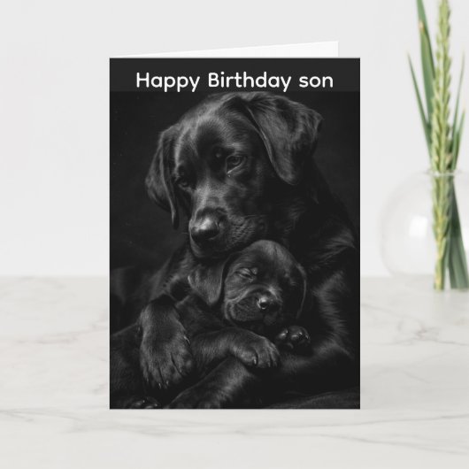 Zwarte Labrador, ouder en kind, Knuffel van liefde Kaart (Voorkant)