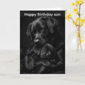 Zwarte Labrador, ouder en kind, Knuffel van liefde Kaart (Gele Bloem)